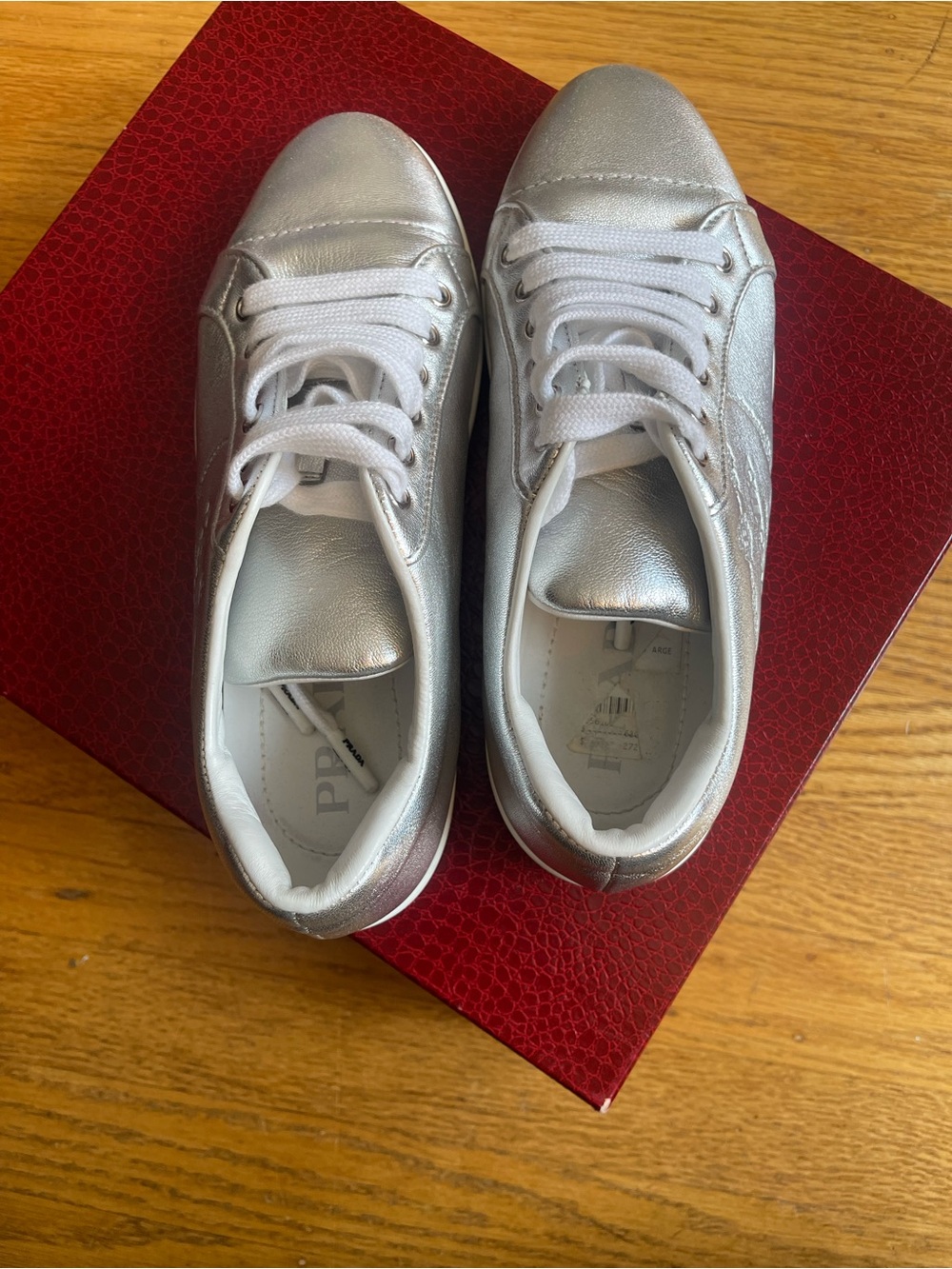 Prada | Embossed Metallic Sneakers in Silver - Picture 3 of 5